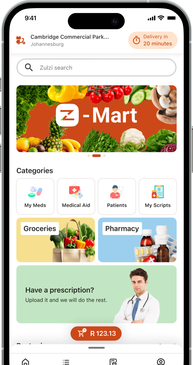 Zulzi app screenshot showing categories and cart.